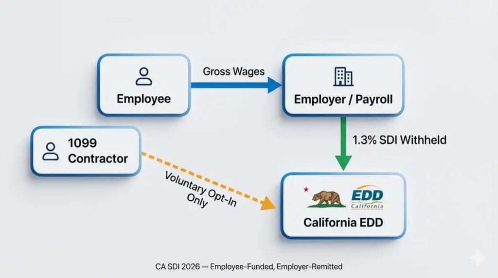 Flow diagram showing how CA SDI 2026 is withheld from employee wages by the employer and remitted to the California EDD
