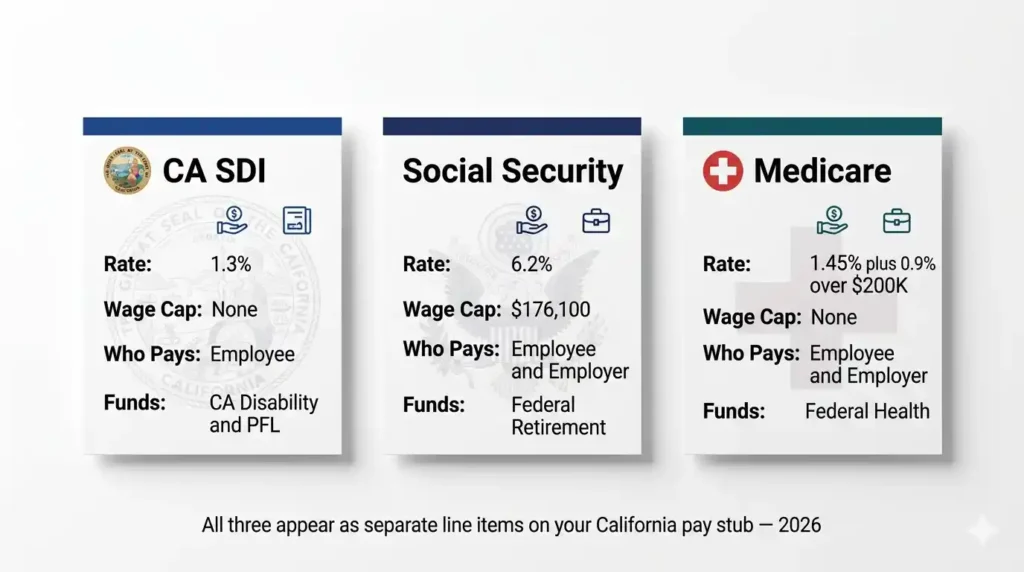 Side-by-side comparison of CA SDI, Social Security, and Medicare tax rates, wage caps, and benefit purposes for 2026