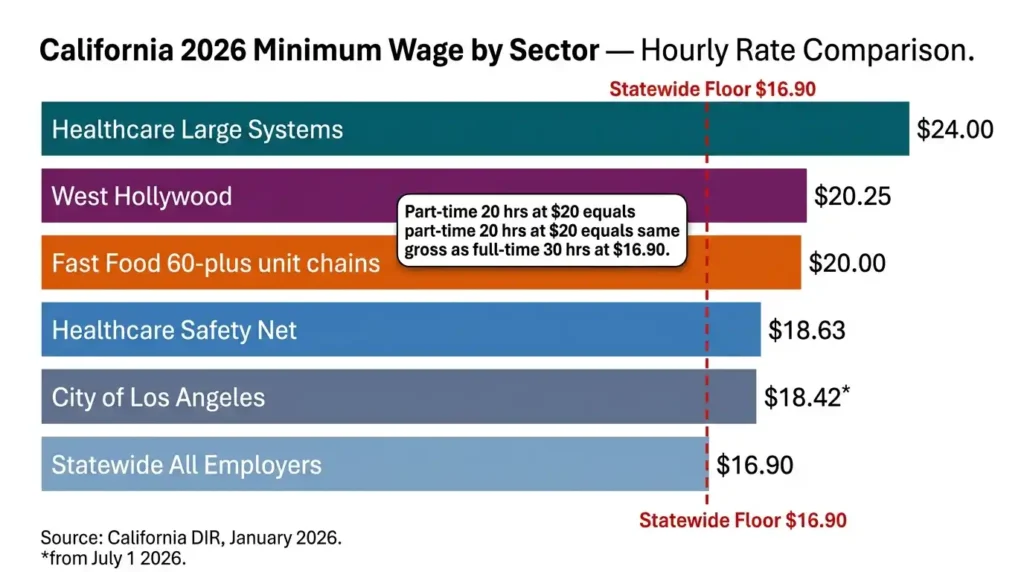 Horizontal bar chart comparing 2026 California minimum wage rates by sector, from .90 statewide to .00 for healthcare workers at large systems