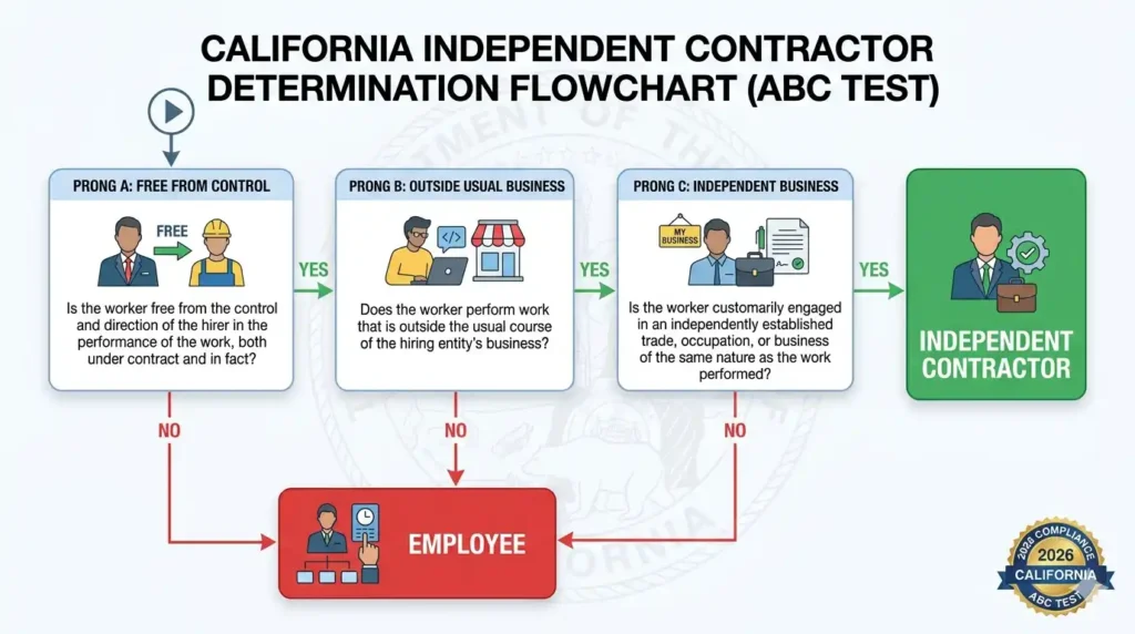 California ABC Test three-prong flowchart showing employee vs independent contractor decision path under AB5 2026
