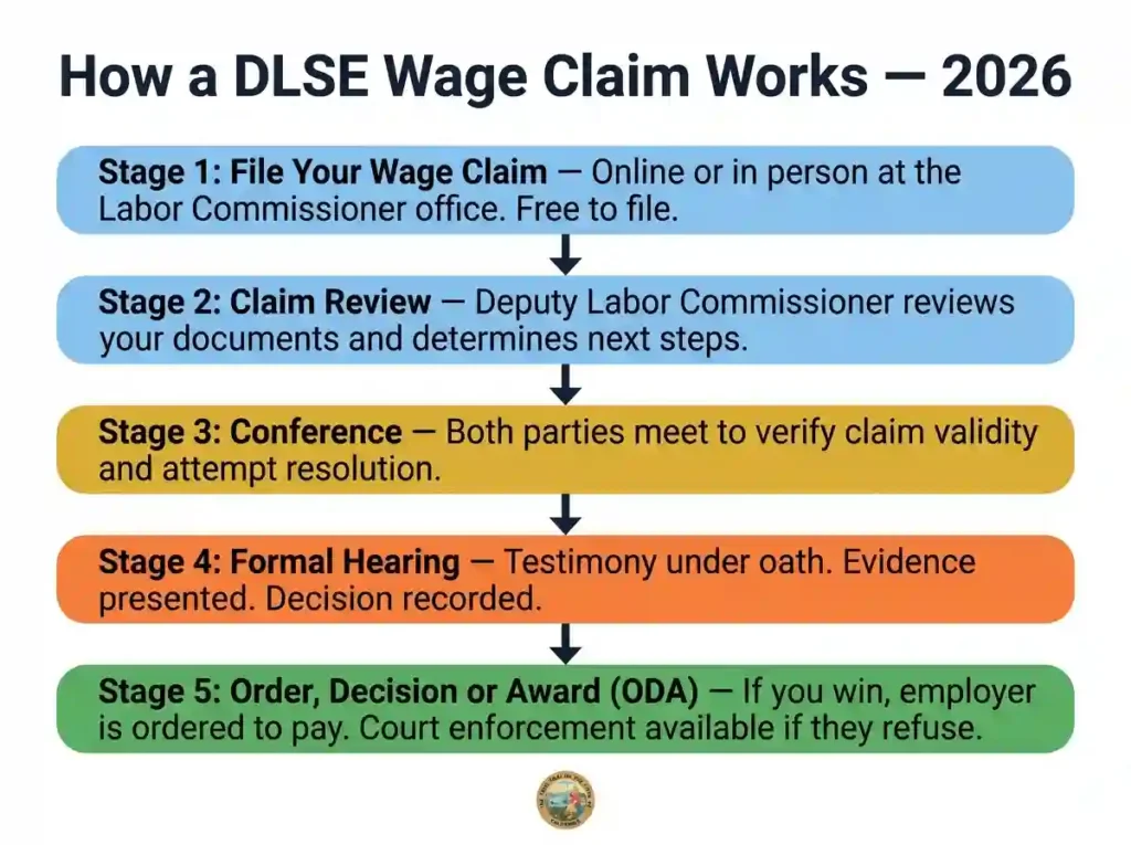 Five-stage flowchart showing the California DLSE wage claim process from filing through conference hearing and final Order Decision or Award in 2026
