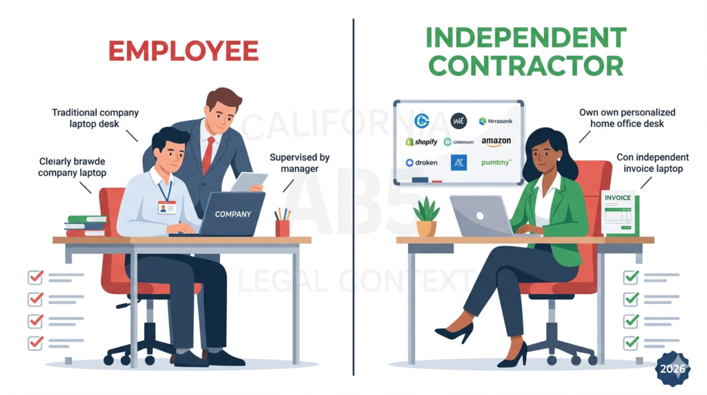 Side by side comparison of employee vs independent contractor classification under California AB5 ABC Test 2026