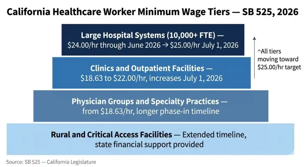 SB 525 California healthcare minimum wage tier chart 2026 showing large hospitals at to per hour and clinics from .63