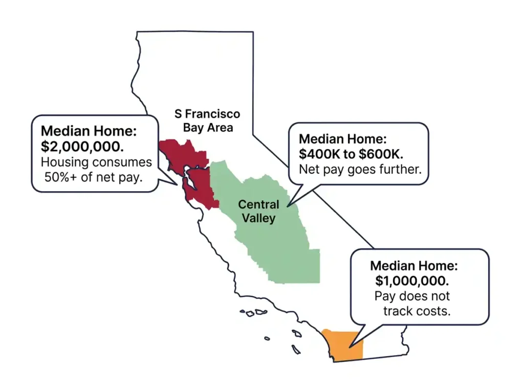 Map of California showing median home prices and paycheck purchasing power by region: Bay Area at 2 million dollars, San Diego at 1 million, and Central Valley at 400K to 600K