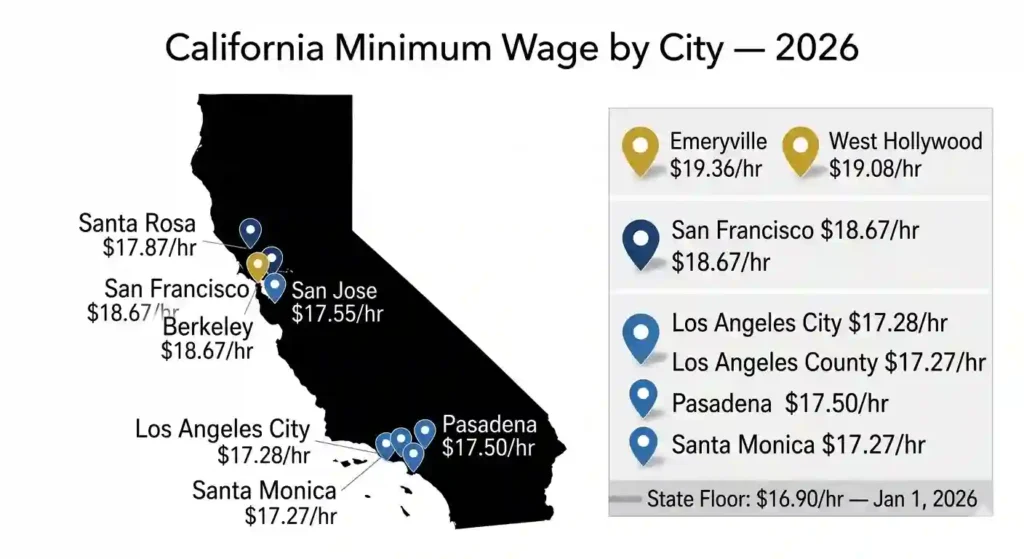 California map showing 2026 minimum wage rates by city including Emeryville at .36, West Hollywood at .08, and San Francisco at .67