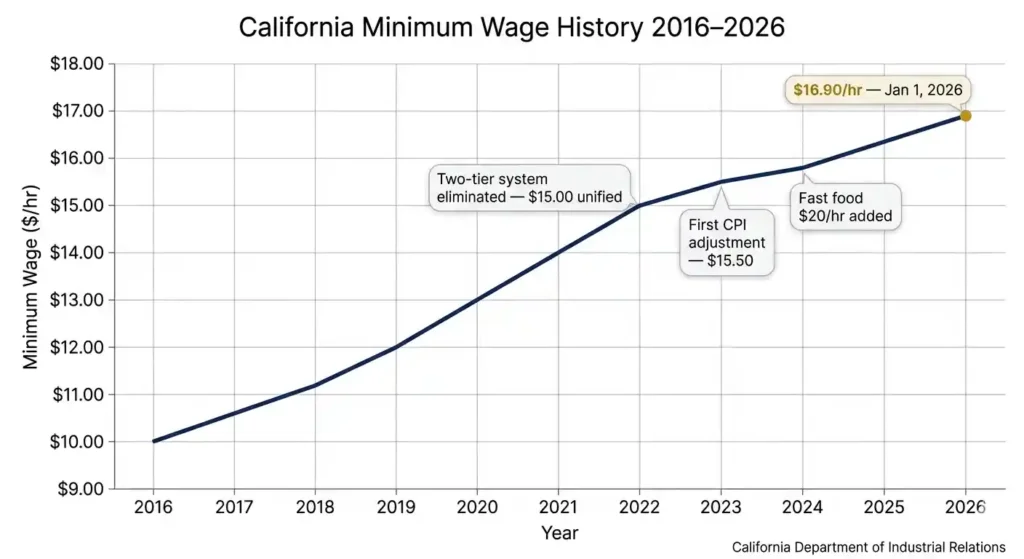 Line chart showing California minimum wage history from $10.00 in 2016 to $16.90 in 2026 with key milestones including the 2022 unified rate and 2024 fast food $20 rule