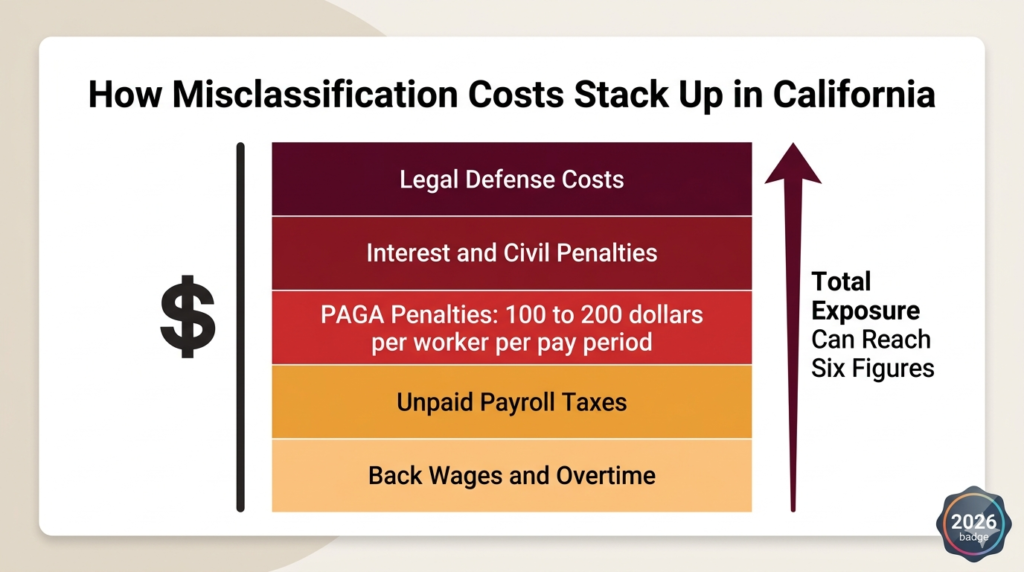 Stacked chart showing how California worker misclassification penalties including PAGA back wages and legal fees accumulate under AB5 2026