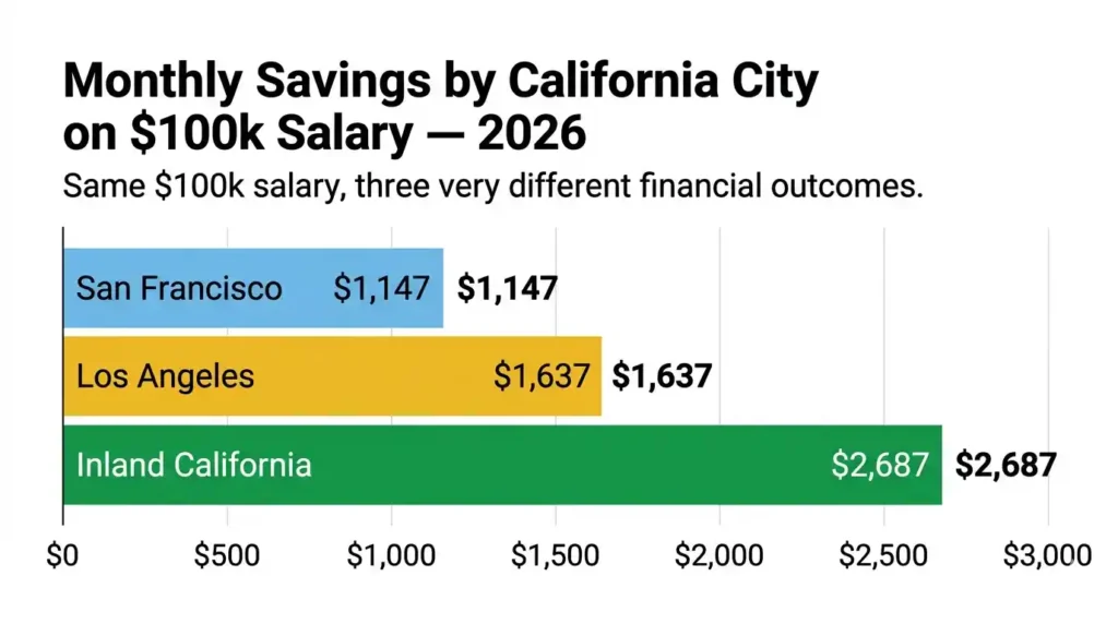 ar chart comparing monthly savings on a 0k salary in San Francisco, Los Angeles, and Inland California in 2026