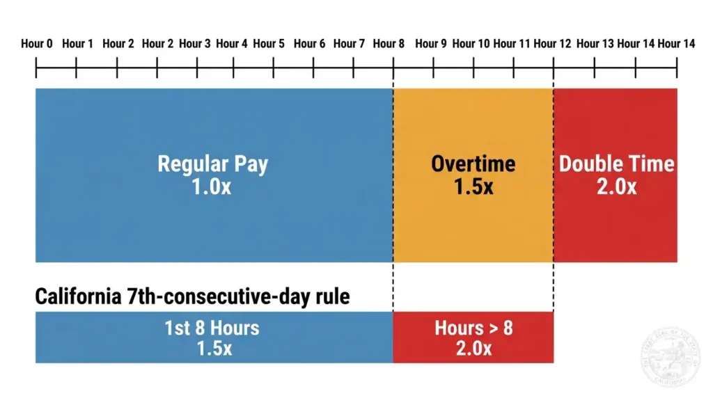 California overtime and double-time threshold chart showing regular time up to 8 hours, overtime from 8 to 12 hours, and double time beyond 12 hours in a single workday