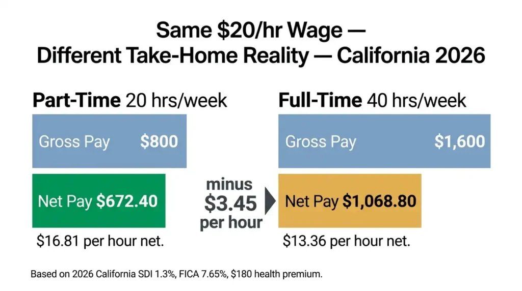 Bar chart comparing California part-time net pay of .81 per hour versus full-time net pay of .36 per hour at the same  gross hourly rate in 2026