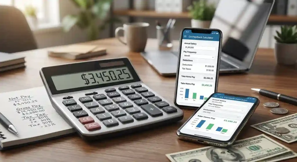 A wooden desk featuring a physical calculator showing a result of ,450.25, flanked by two smartphones displaying san jose paycheck calculator apps with input fields and graphs, alongside financial notes and US currency.