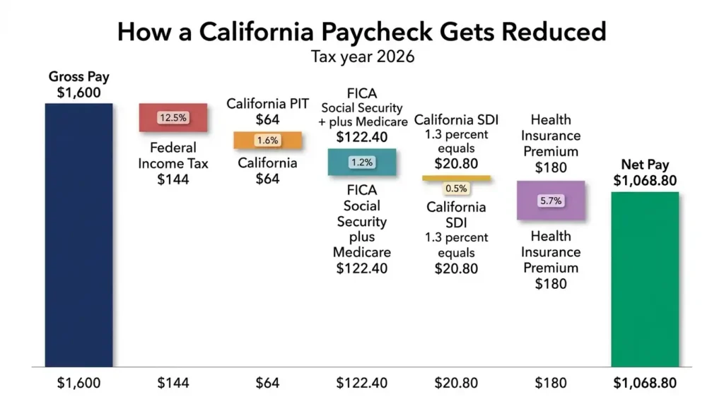 Waterfall chart showing how a $1,600 California full-time paycheck is reduced by federal tax, California PIT, FICA, SDI at 1.3%, and health insurance to a net pay of $1,068.80 in 2026