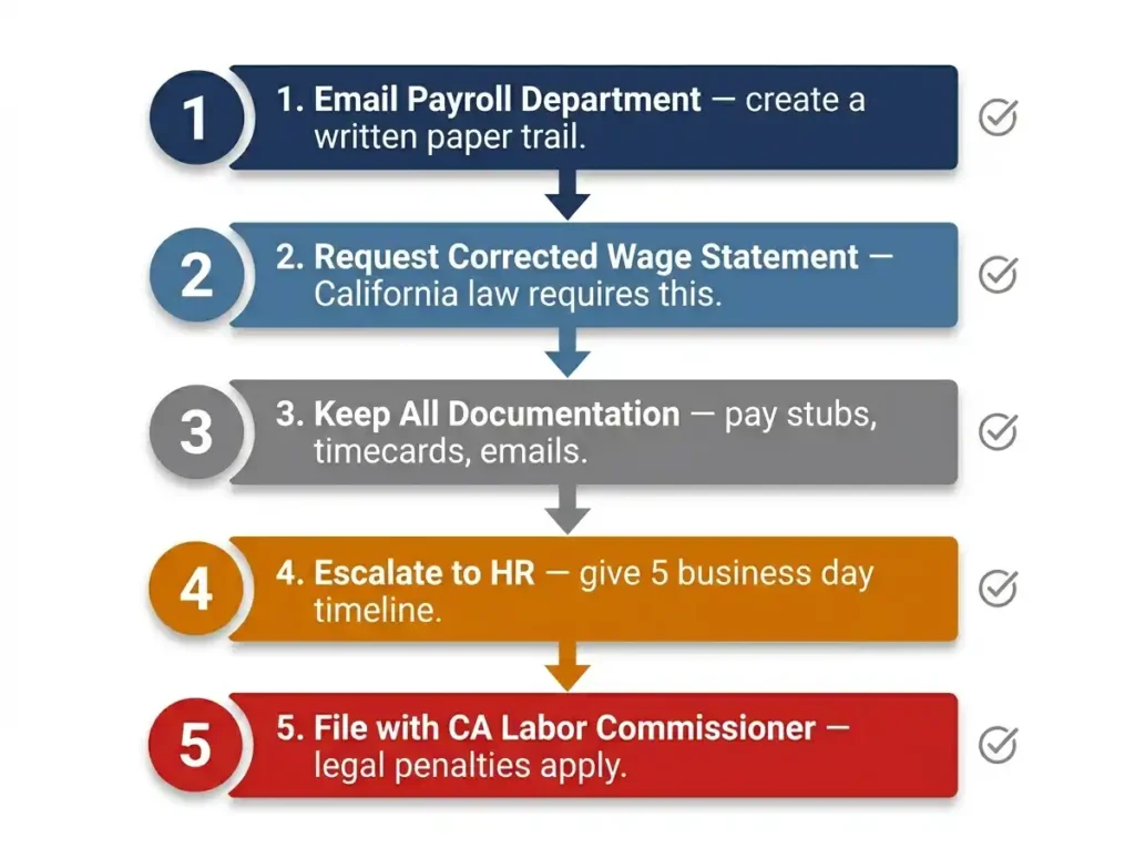 Five step flowchart for fixing a California payroll error starting with email to payroll department then corrected wage statement request then documentation then HR escalation then California Labor Commissioner complaint