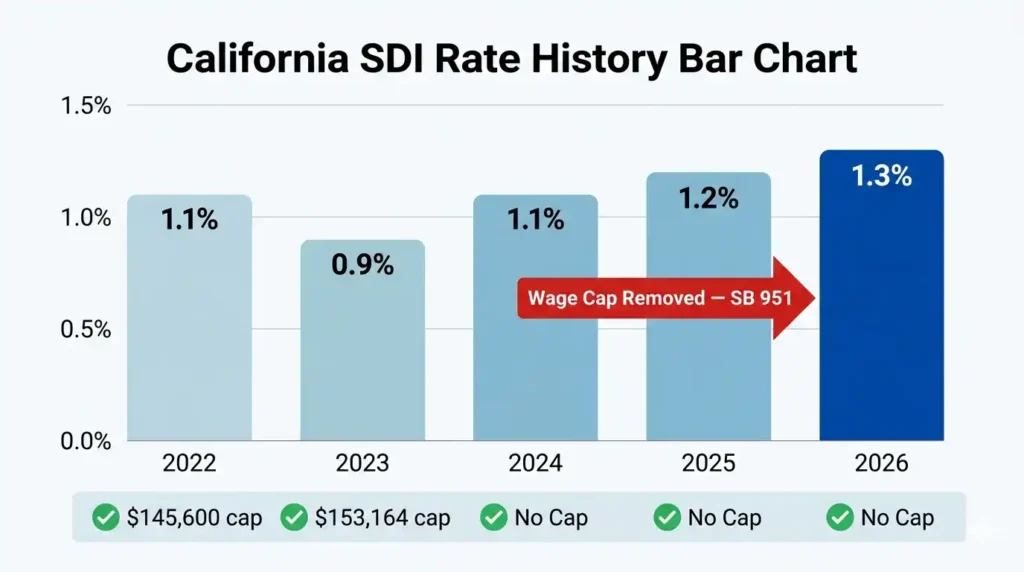 California SDI rate history chart 2022 to 2026 showing rate changes and SB 951 wage cap removal starting in 2024