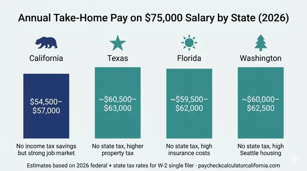 Bar chart comparing annual take-home pay on a ,000 salary across California, Texas, Florida, and Washington in 2026