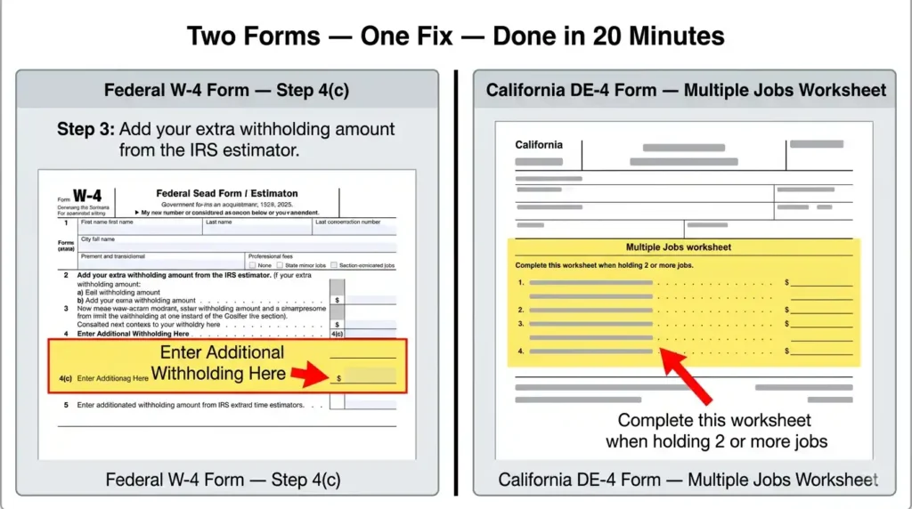 Diagram showing where to enter additional withholding on federal W-4 Line 4c and California DE-4 Multiple Jobs worksheet to prevent a surprise tax bill in 2026