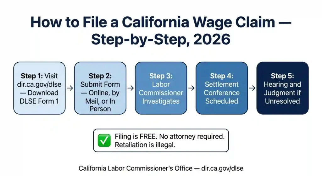 Five-step flowchart showing how to file a California wage claim in 2026 with the Labor Commissioner starting with DLSE Form 1