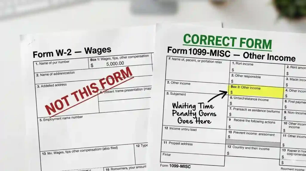 Side-by-side comparison of IRS Form 1099-MISC Box 3 and Form W-2 showing that California waiting time penalties must be reported as Other Income on 1099-MISC not on a W-2