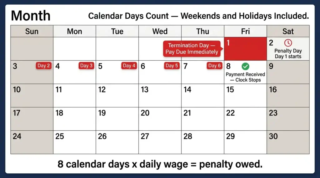 Calendar diagram showing how California waiting time penalty days are counted including weekends and holidays starting the day after a missed final paycheck deadline