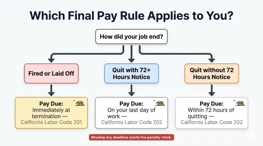 Flowchart showing three California final paycheck deadline rules for fired employees, employees who quit with notice, and employees who quit without notice under Labor Code 201 and 202