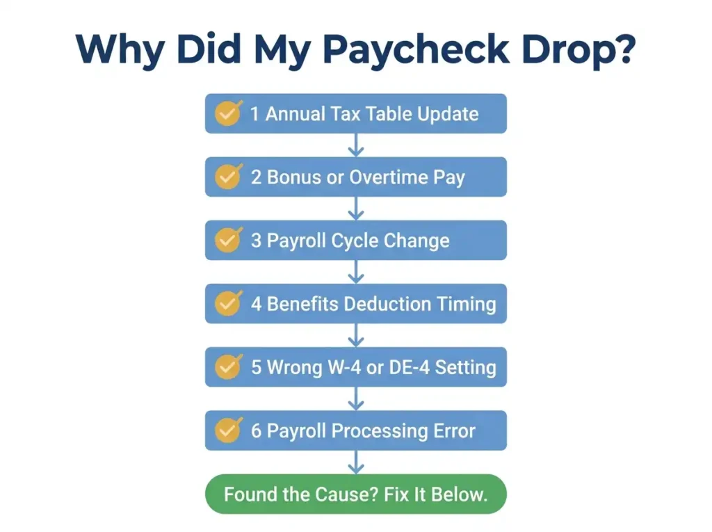 Flowchart showing six common reasons a California paycheck suddenly dropped including tax updates, bonus withholding, W-4 errors, and payroll processing mistakes