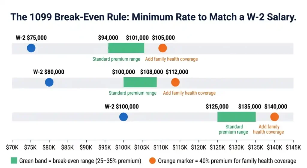 Chart showing minimum 1099 contractor rate needed to match W-2 salary in California at three income levels in 2026