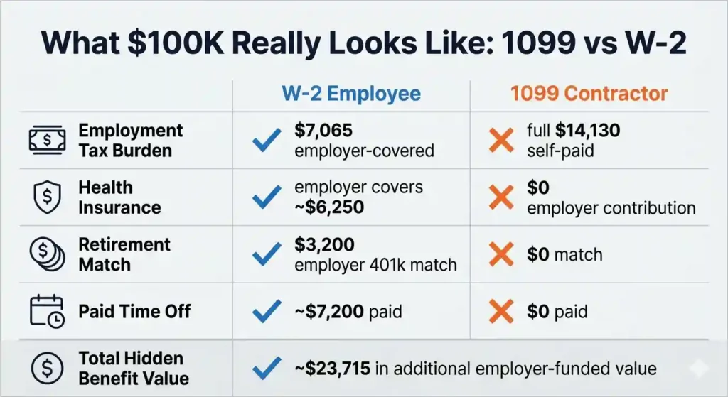 1099 vs W-2 hidden cost comparison showing ,715 in employer benefits W-2 workers receive in California 2026
