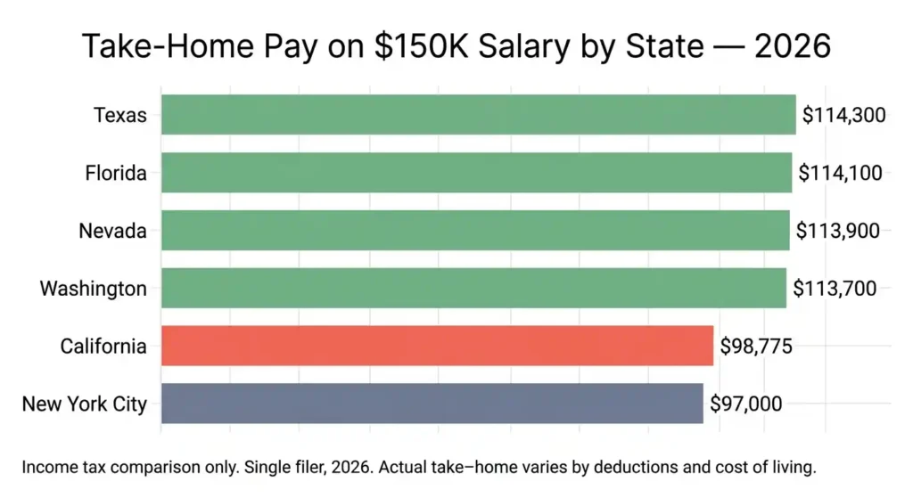 0,000 salary take-home pay comparison California vs Texas Florida Nevada Washington New York 2026 bar chart