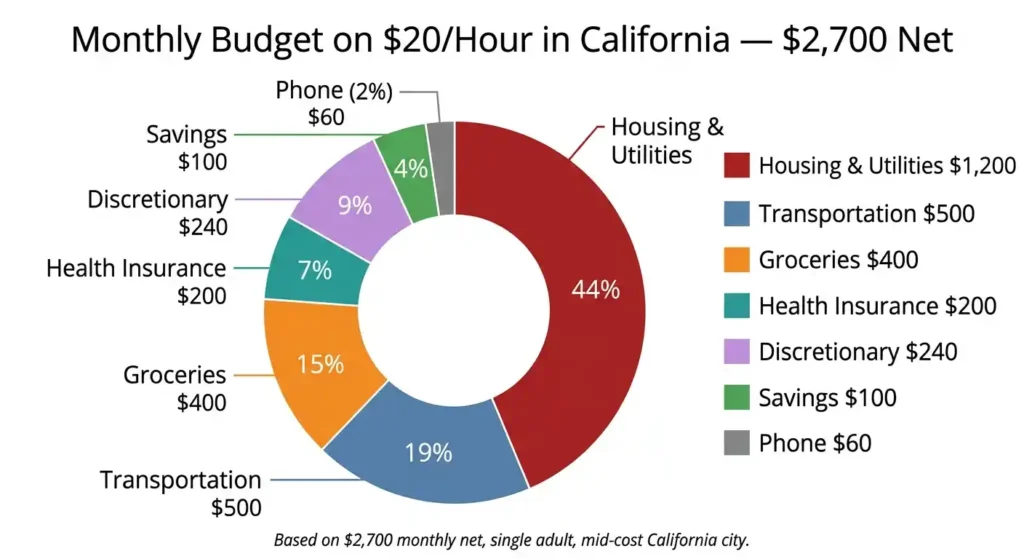 Monthly budget breakdown on  an hour California 2026 showing housing transport groceries and savings as percentage of 00 net income