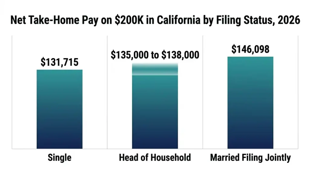 200k after taxes California 2026 net pay comparison by filing status, single, married filing jointly, head of household