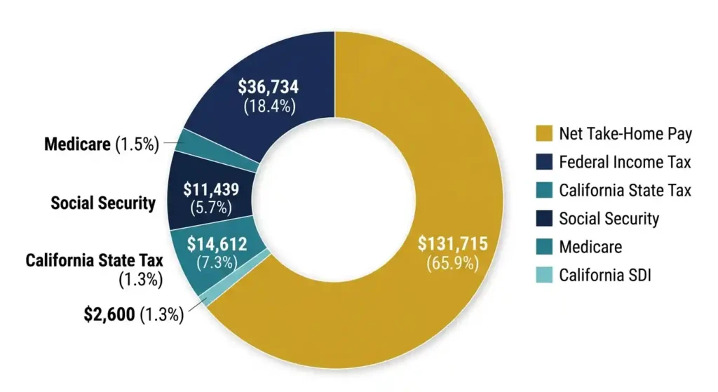 200k after taxes California 2026 tax breakdown donut chart showing federal, state, Social Security, Medicare, and SDI deductions