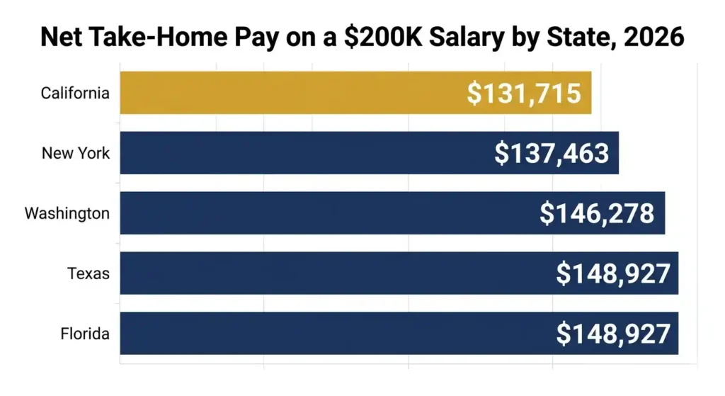 200k after taxes California 2026 comparison net take-home pay versus Texas, Florida, Washington, New York