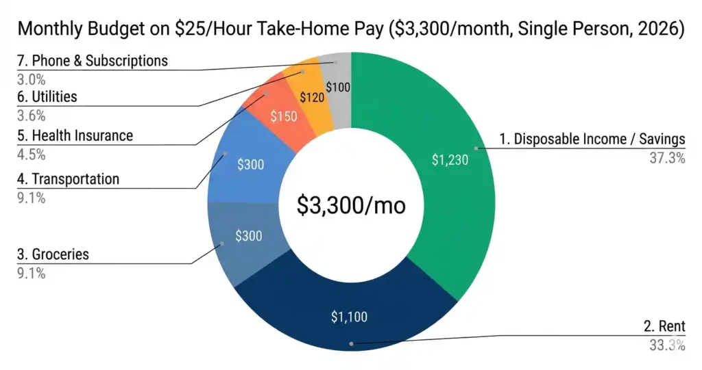 Donut chart showing monthly budget breakdown for a single person earning an hour with ,300 take-home pay in 2026
