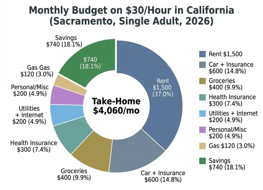 Donut chart showing monthly budget breakdown for single adult earning  an hour in California 2026 with rent groceries savings and expenses