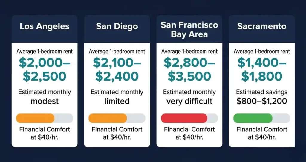 an hour California city affordability comparison 2026 — rent costs and savings potential in Los Angeles, San Diego, San Francisco, and Sacramento