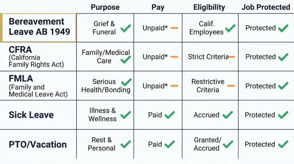 Comparison chart of California bereavement leave AB 1949 vs CFRA FMLA sick leave and PTO for 2026