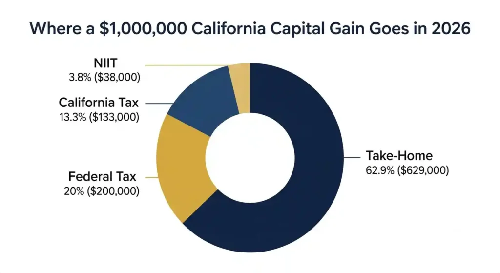 Donut chart showing how a ,000,000 California capital gains tax bill splits between state tax, federal tax, NIIT, and take-home pay in 2026