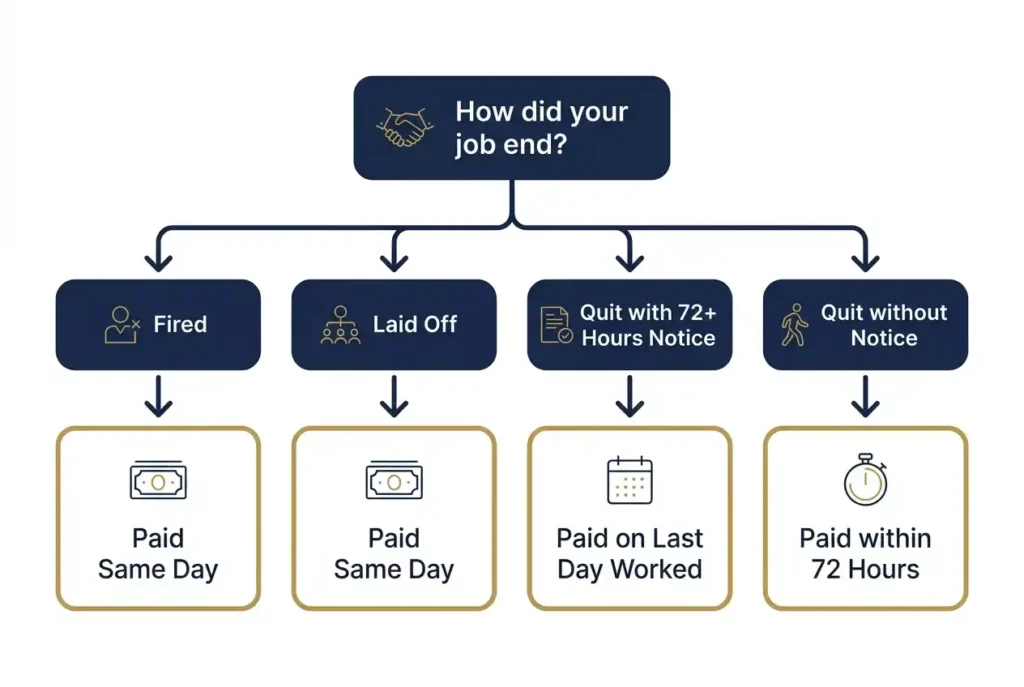 California final paycheck deadline flowchart showing same day pay for fired or laid off employees and 72 hour rules for resignations