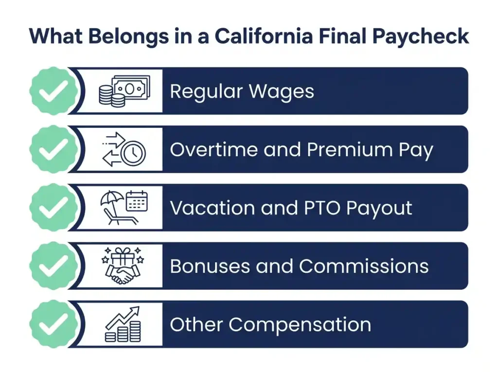 Checklist of what must be included in a California final paycheck including wages, overtime, PTO, and commissions