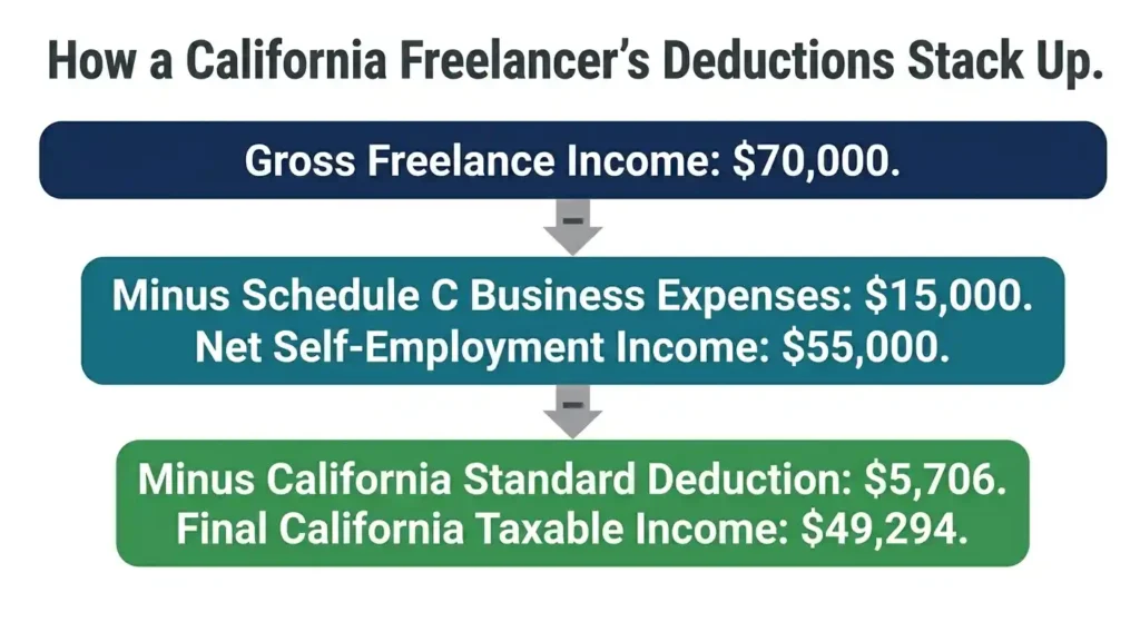Waterfall diagram showing how California freelancers apply Schedule C deductions and the standard deduction in two separate steps