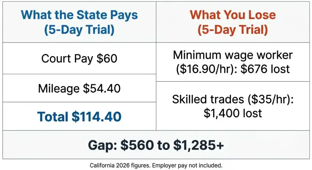 California jury duty lost wages compared to state compensation for hourly workers 2026