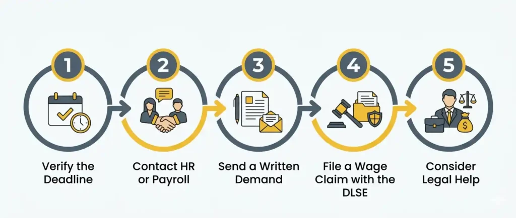 Five step process for what to do if your California final paycheck is late from verifying the deadline to filing a wage claim
