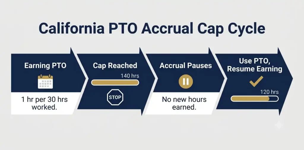 California PTO law accrual cap cycle showing how earning stops at 140 hours and resumes after use