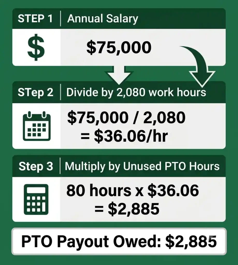 California PTO payout calculation showing ,000 salary converting to .06 per hour and 80 unused hours equaling ,885