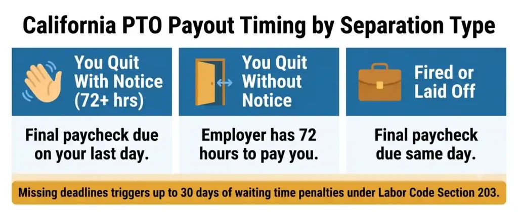California PTO payout deadline chart comparing quit with notice, quit without notice, and termination scenarios