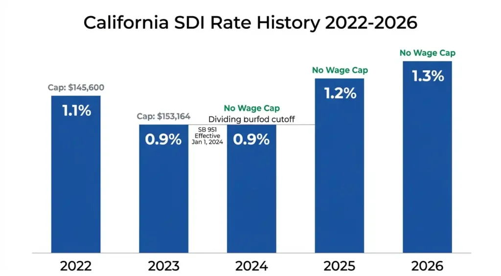 California SDI rate history chart from 2022 to 2026 showing rate changes and SB 951 wage cap removal