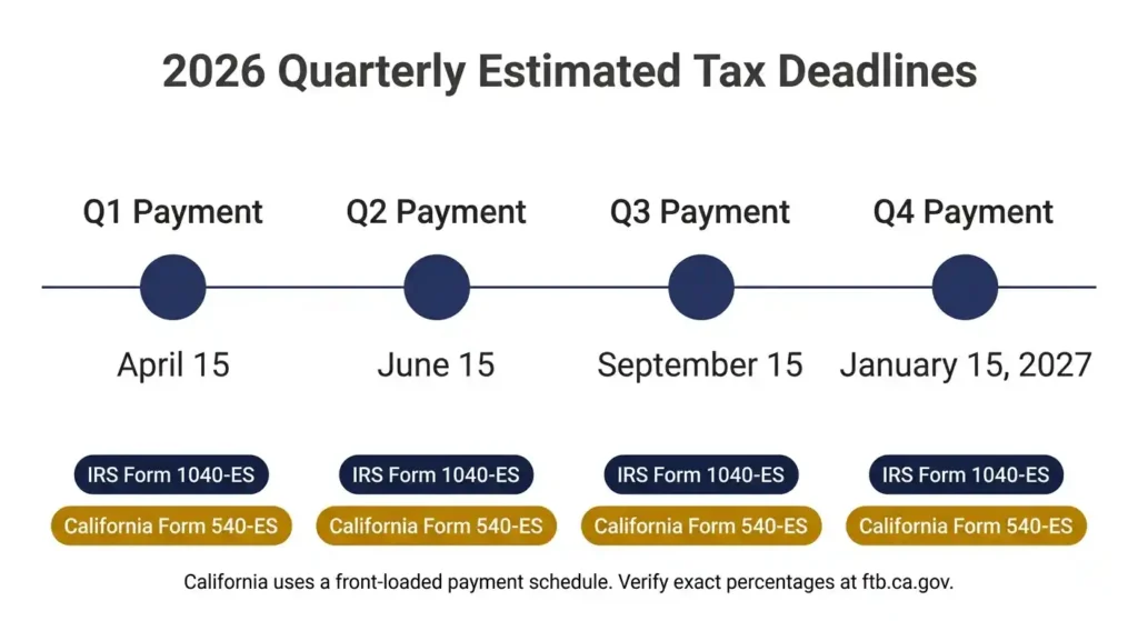 2026 quarterly estimated tax payment deadlines for self-employed California workers showing IRS and FTB due dates