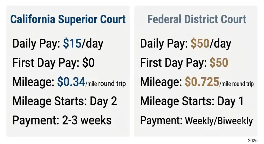 california vs federal jury duty pay comparison 2026