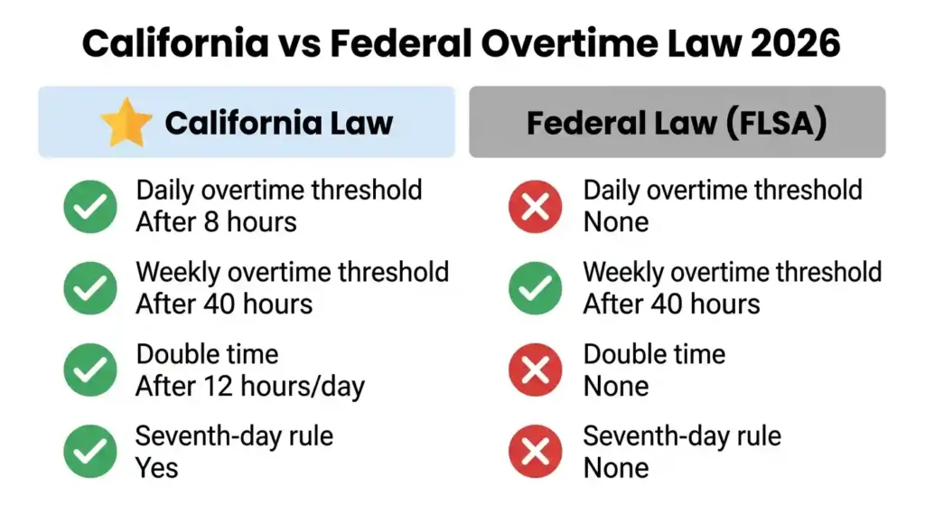 California vs federal overtime law comparison chart showing daily overtime, double time, and seventh-day rule differences in 2026