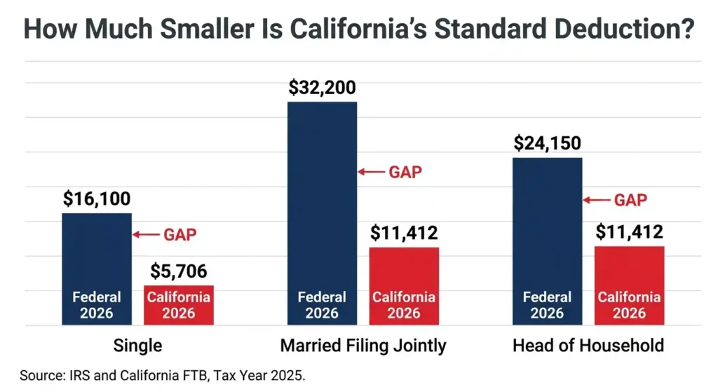 Bar chart comparing California standard deduction vs federal standard deduction for 2026 by filing status